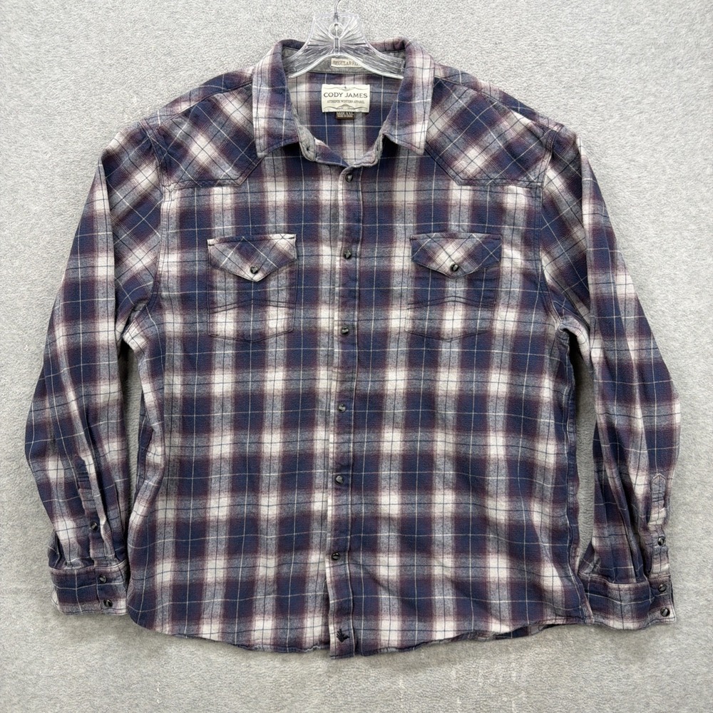 Cody James Shirt Mens XXL‎ Blue Purple Plaid Pearl Snap Flannel Cowboy Western